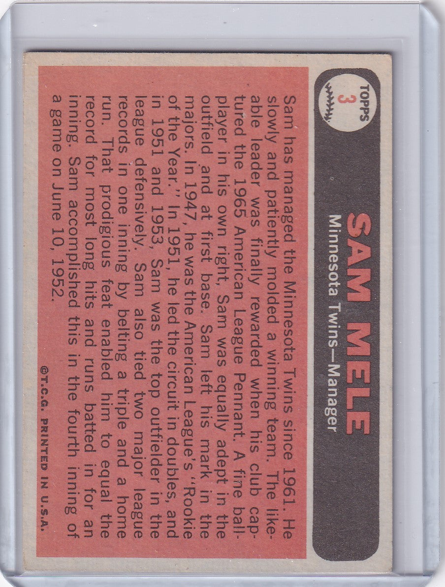 Back of 1966 Topps Baseball #3 Sam Mele card with statistics for Minnesota Twins fans