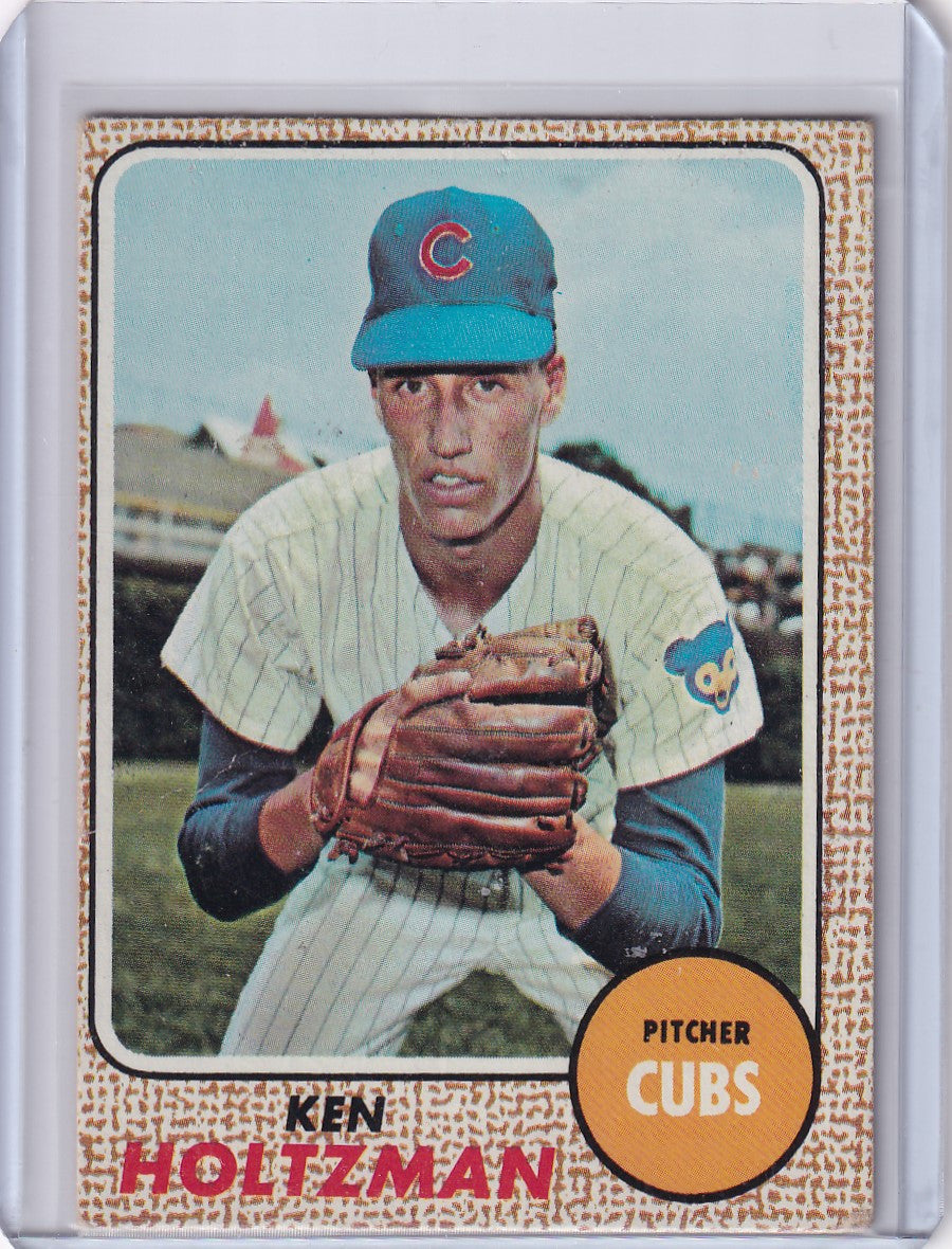 Vintage 1968 Topps Baseball card of Ken Holtzman, Chicago Cubs pitcher in pinstripes