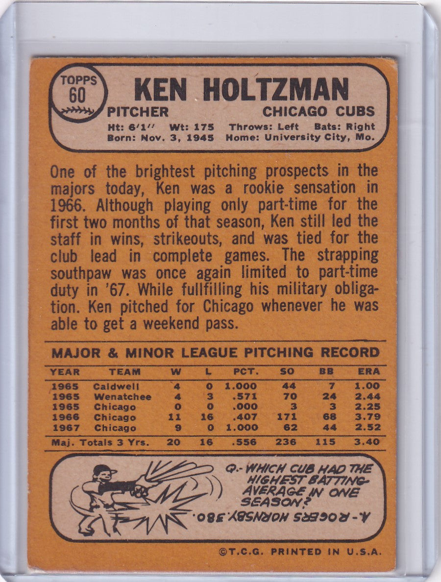 Vintage 1968 Topps Baseball card of Ken Holtzman, Chicago Cubs pitcher