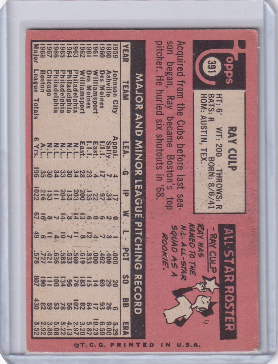 Vintage Pink Topps Baseball Card of Ray Culp, Boston Red Sox Player Statistics