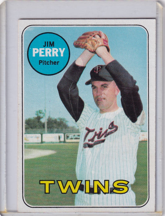 Vintage 1969 Topps Baseball card of Jim Perry, Minnesota Twins pitcher in windup pose