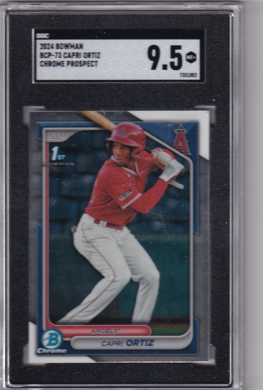 Graded 2024 Bowman Capri Ortiz SGC 9.5 baseball card of Los Angeles Angels player at bat