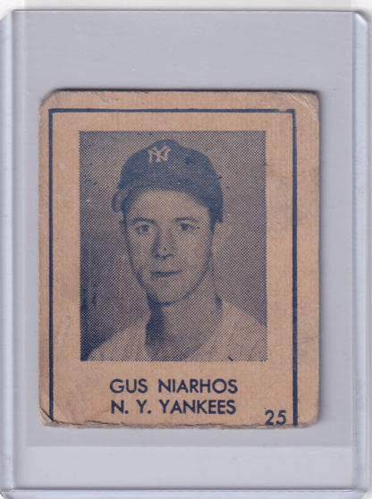 Vintage baseball card of Gus Niarhos in blue tint from 1948 R346 Blue Tint series