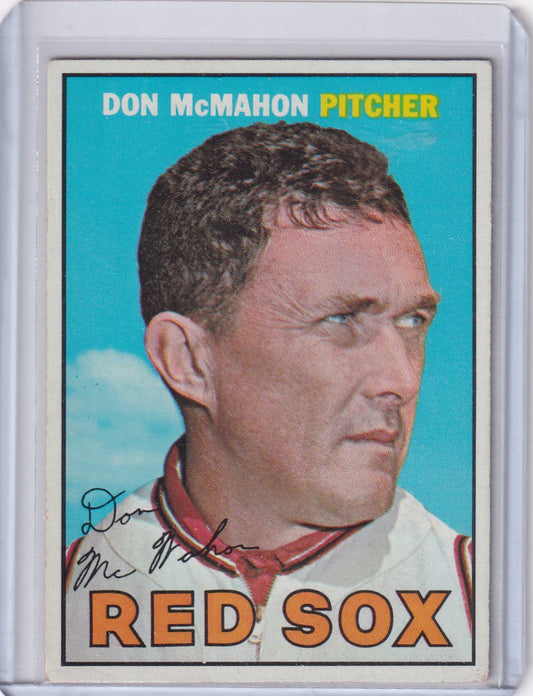 Vintage 1967 Topps Baseball card of Don McMahon from the Boston Red Sox against blue sky