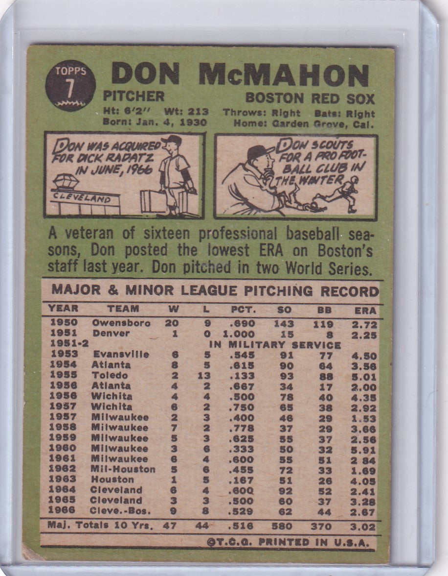 Vintage 1967 Topps Baseball card of Don McMahon from Boston Red Sox with career stats