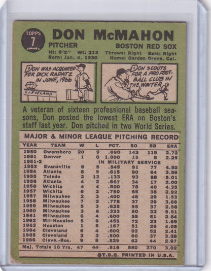 Vintage 1967 Topps Baseball card of Don McMahon from Boston Red Sox with career stats