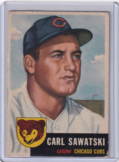 Vintage 1953 Topps Baseball card of Carl Sawatski, Chicago Cubs catcher