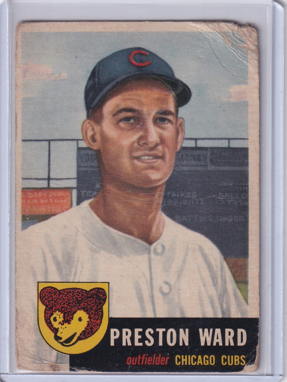 Vintage 1953 Topps Baseball card of Preston Ward, Chicago Cubs outfielder in uniform