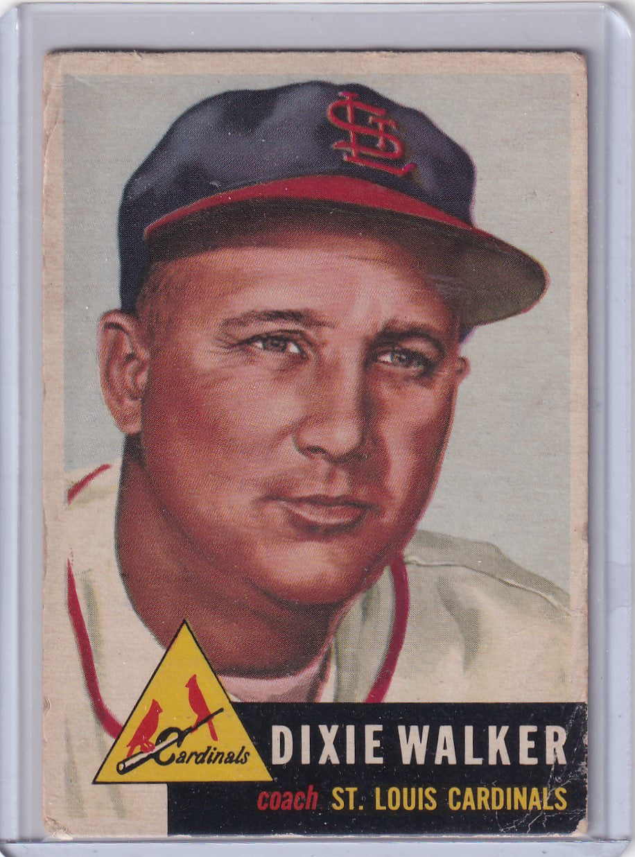 Vintage 1953 Topps Baseball card of Dixie Walker, St. Louis Cardinals player in navy cap