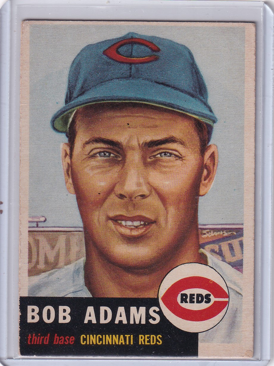 Vintage 1953 Topps Baseball card of Bobby Adams, Cincinnati Reds third baseman