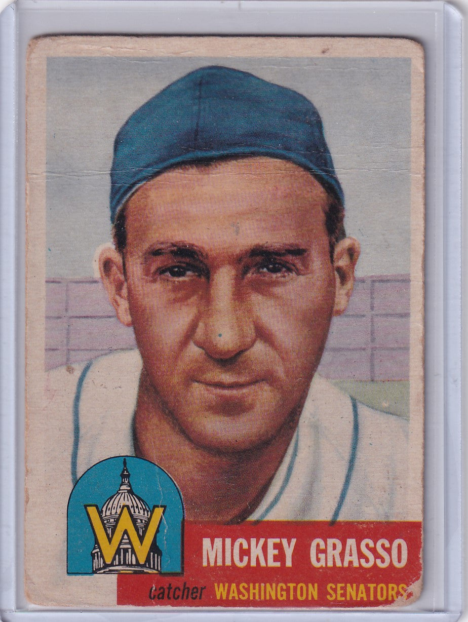 Vintage 1953 Topps Baseball card of Mickey Grasso, Washington Senators pitcher