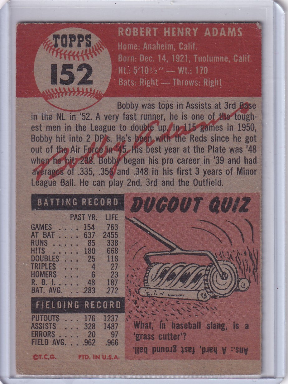 Vintage 1959 Topps Baseball Card of Bobby Adams, Cincinnati Reds player stats and bio