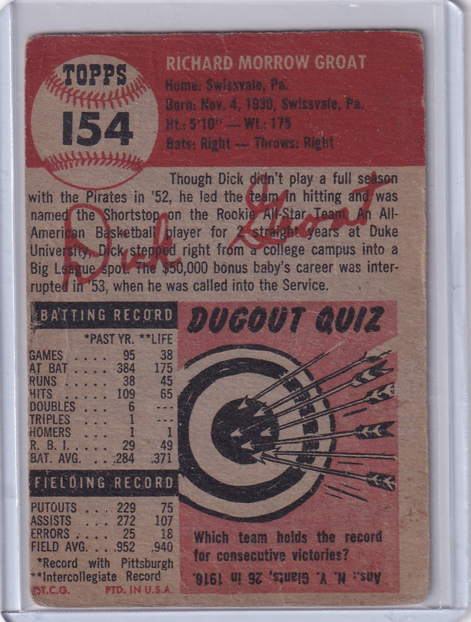 Vintage Topps Baseball card #154 Dick Groat from the Pittsburgh Pirates with stats and quiz