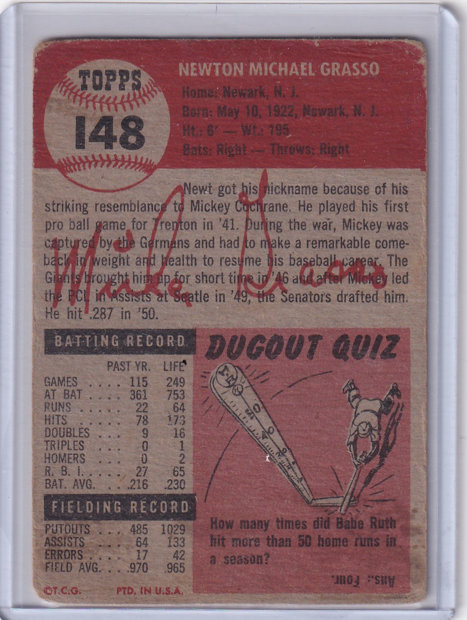 Vintage 1953 Topps Baseball card #148 Mickey Grasso for Washington Senators on red background