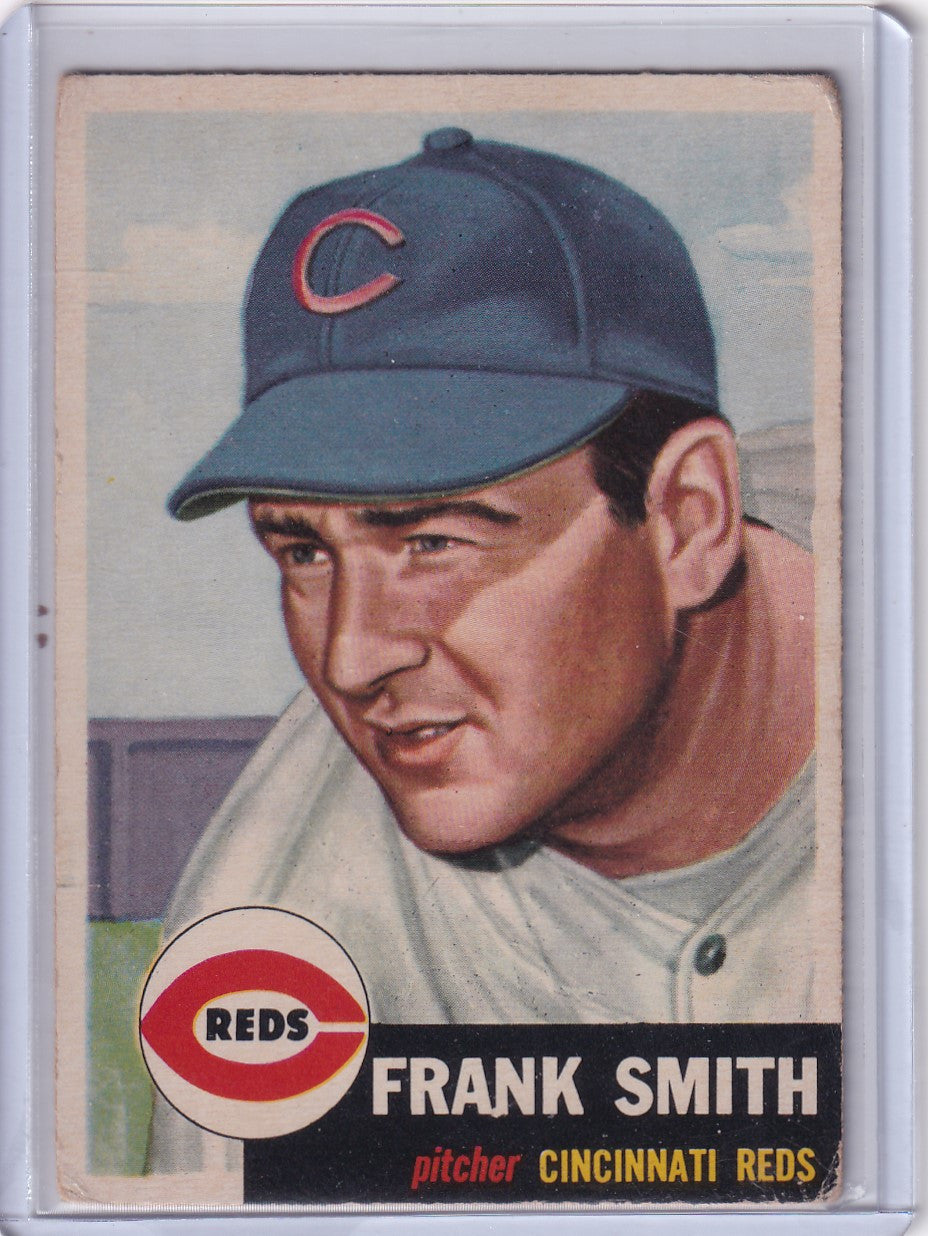 Vintage 1953 Topps Baseball card of Frank Smith, Cincinnati Reds pitcher in dark cap