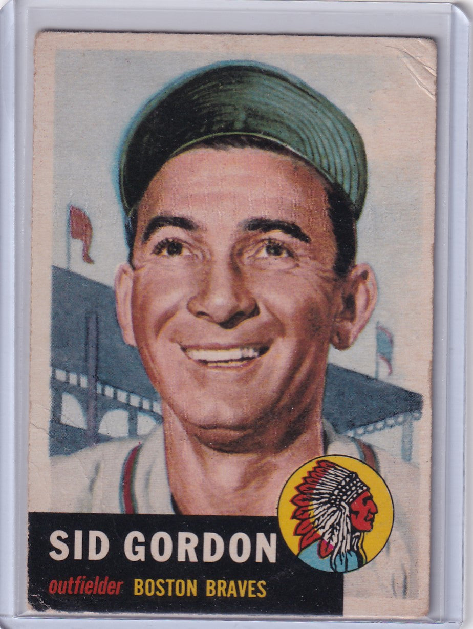 Vintage 1953 Topps Baseball #117 Sid Gordon Boston Braves card with green cap