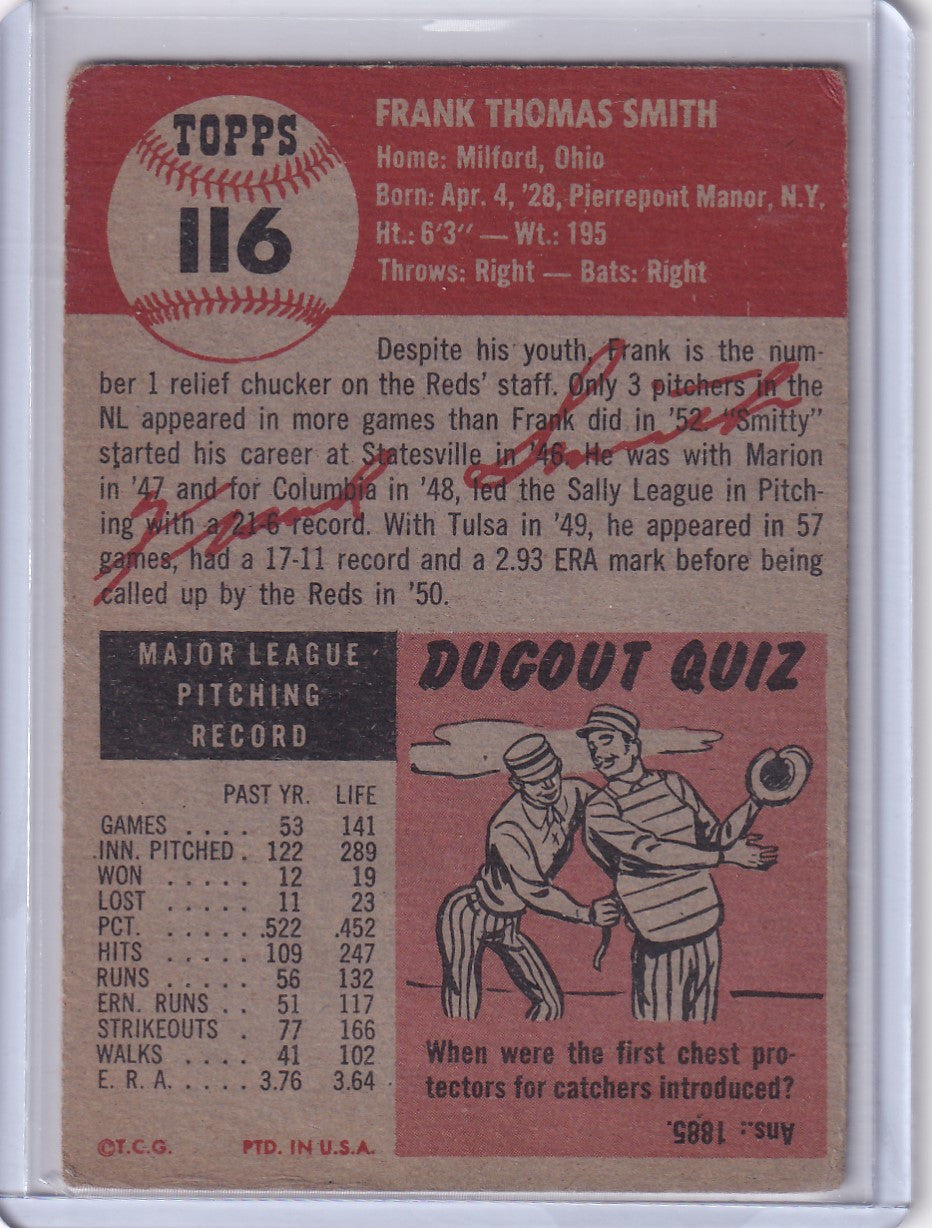 Vintage 1953 Topps Baseball Card #116 Frank Smith of Cincinnati Reds with stats and quiz