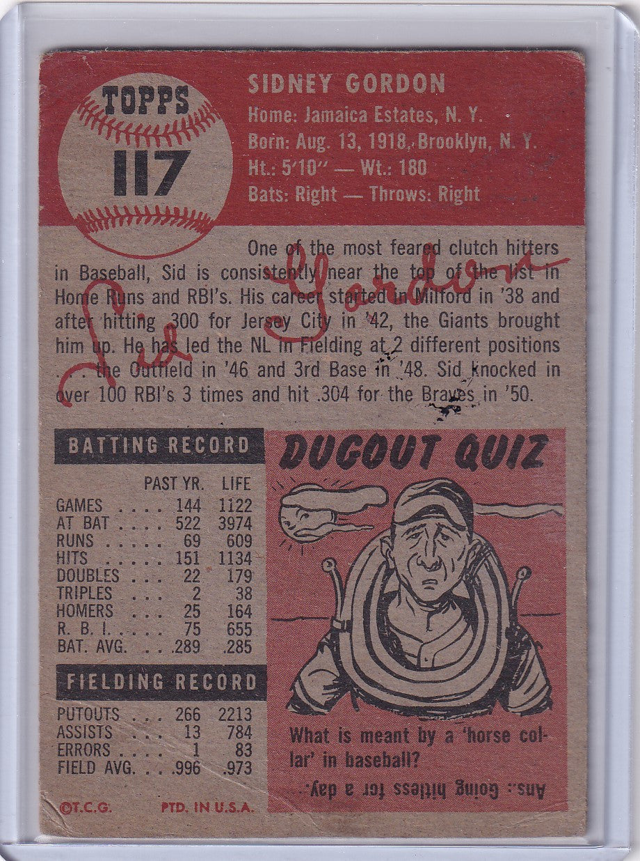 Vintage 1953 Topps Baseball Card #117 Sid Gordon of Boston Braves with Dugout Quiz illustration