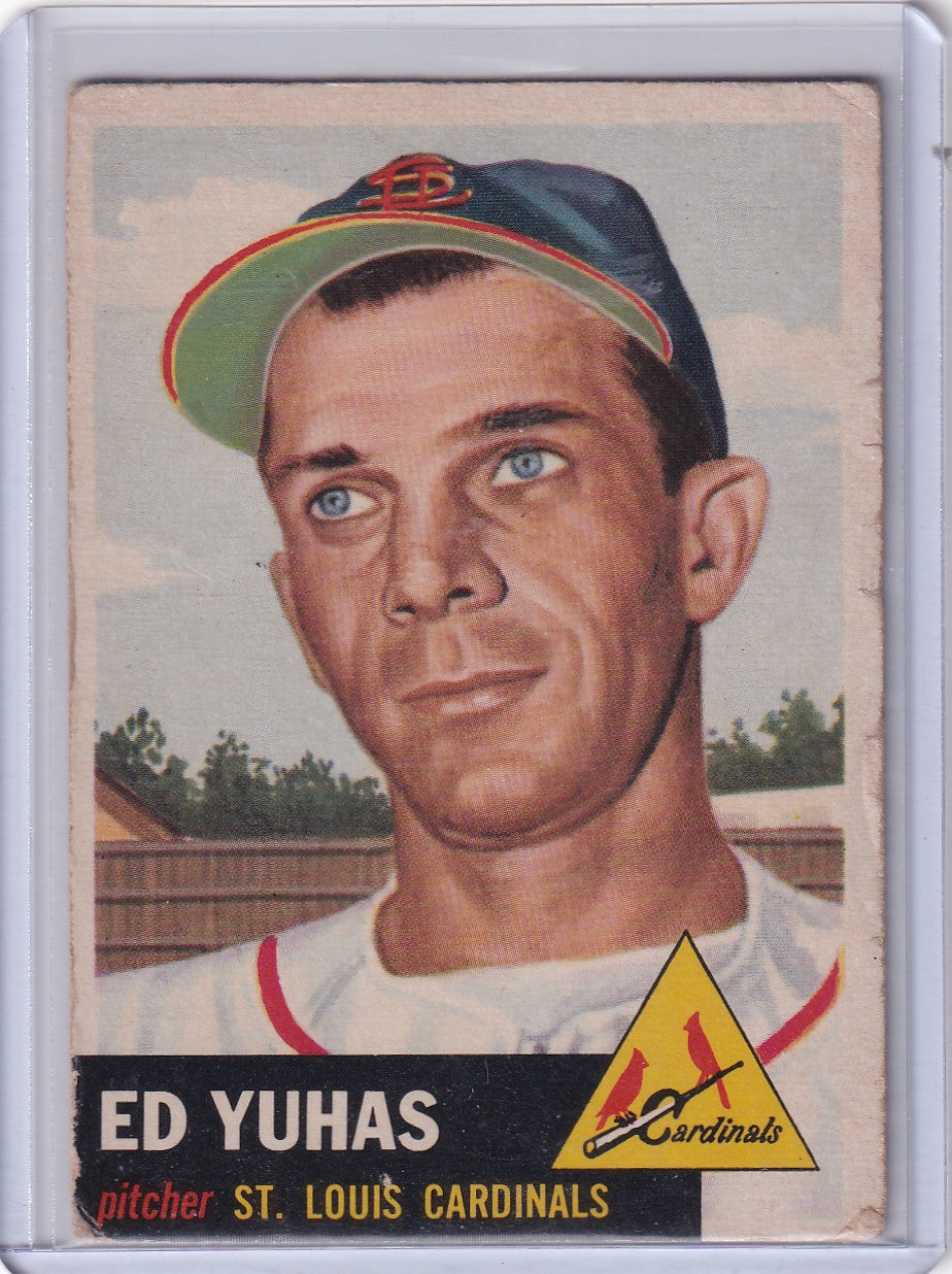 Vintage 1953 Topps Baseball card of Eddie Yuhas, St. Louis Cardinals pitcher