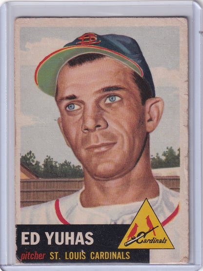 Vintage 1953 Topps Baseball card of Eddie Yuhas, St. Louis Cardinals pitcher