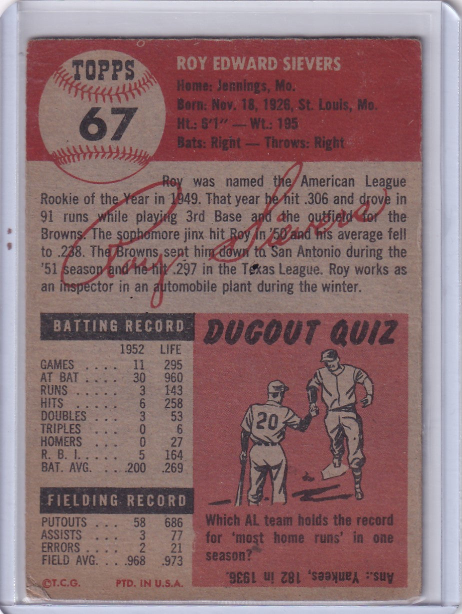 Vintage 1967 Topps Baseball card back with Roy Sievers and St. Louis Browns stats