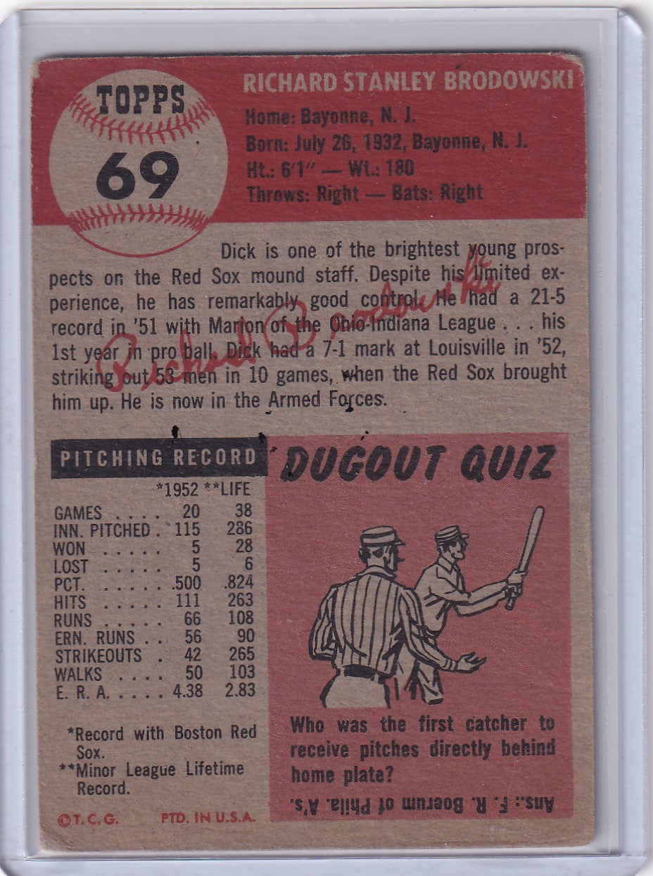 Vintage 1969 Topps Baseball card featuring Dick Brodowski of the Boston Red Sox