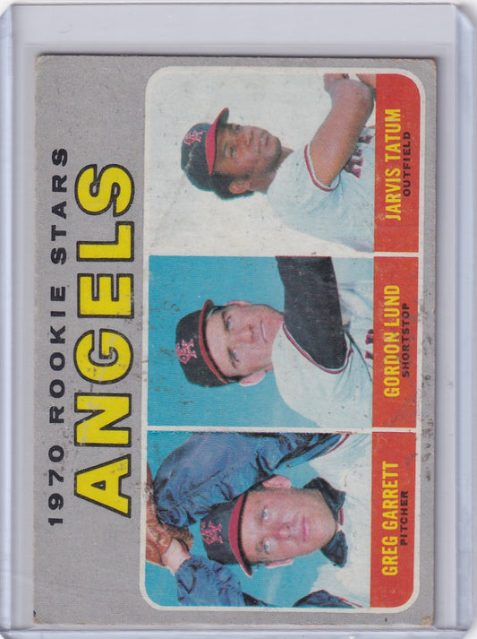 1970 Topps Baseball card showcasing Angels Rookies Greg Garrett, Gordon Lund, Tatum