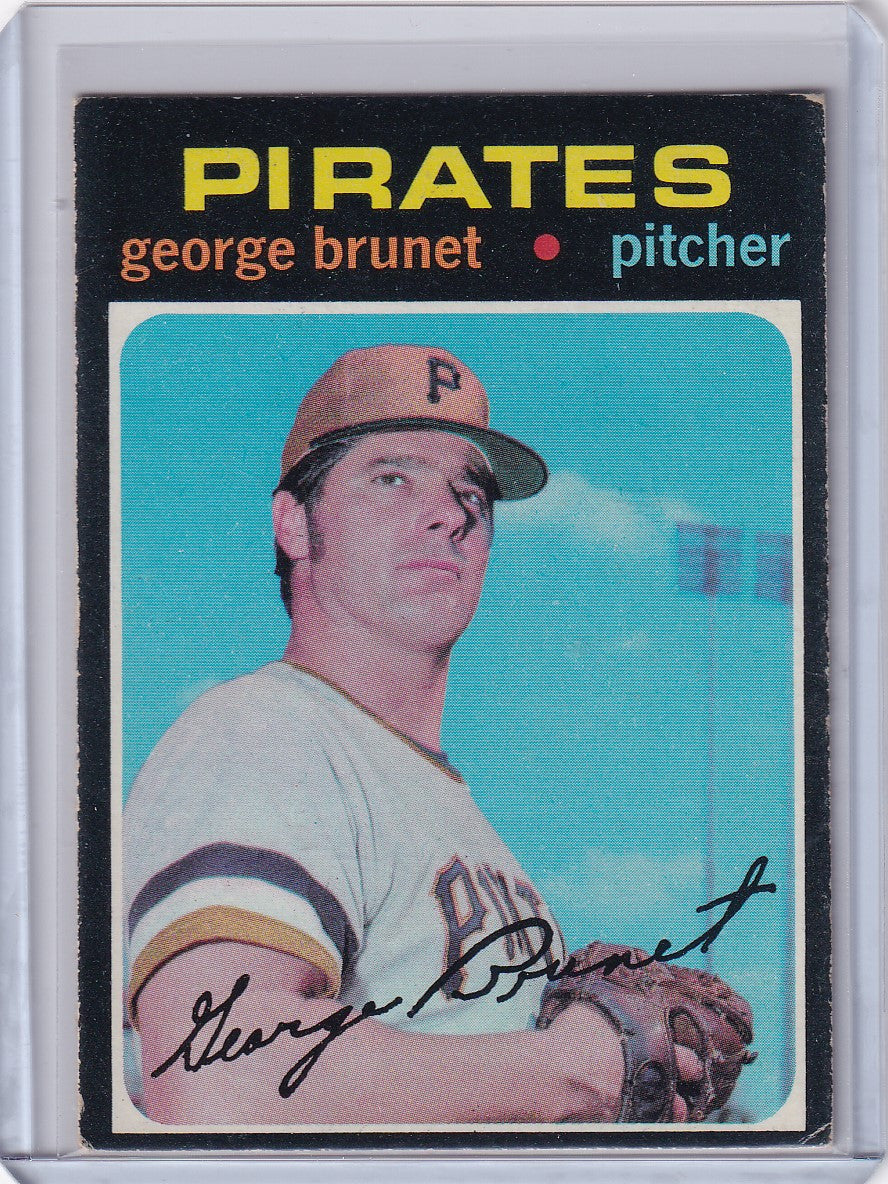 Vintage 1971 Topps Baseball card of George Brunet from Pittsburgh Pirates in white uniform