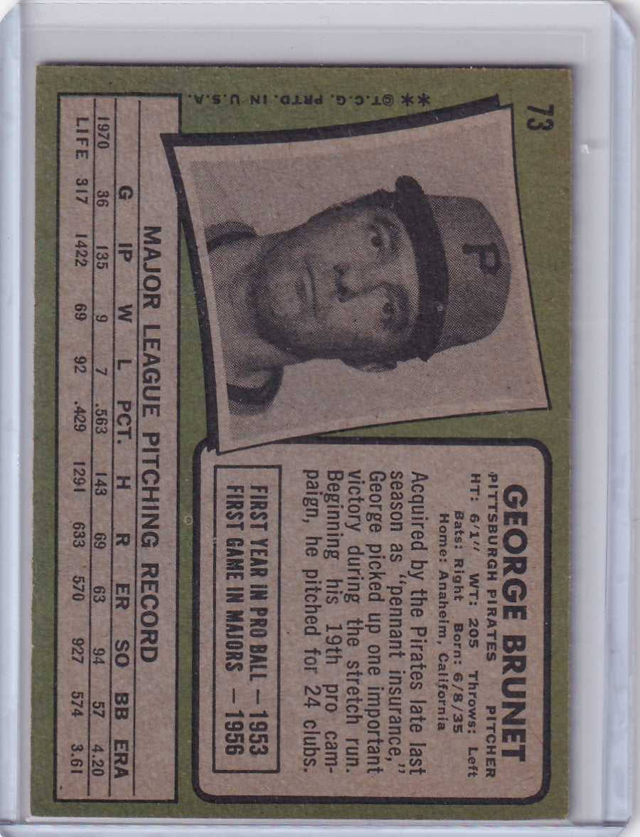 Vintage 1971 Topps Baseball card featuring George Brunet of the Pittsburgh Pirates