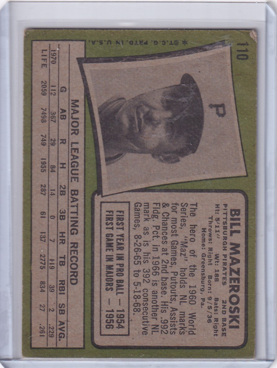 Vintage 1971 Topps Baseball Bill Mazeroski card featuring Pittsburgh Pirates player photo