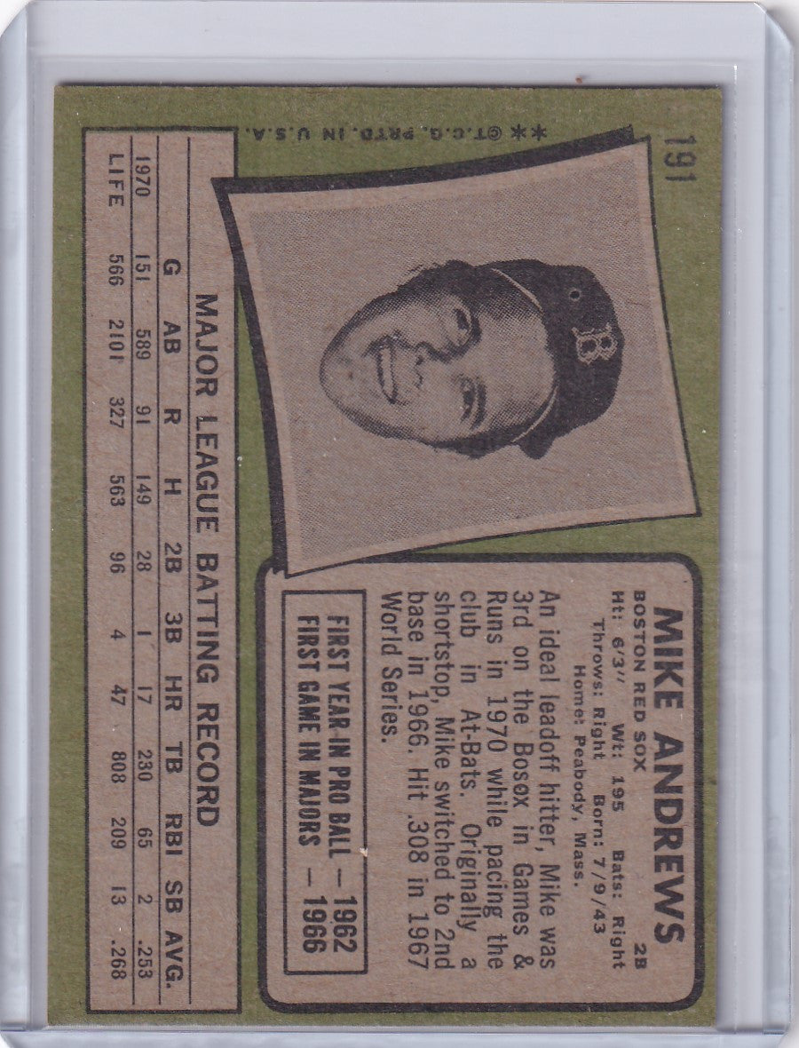 Vintage black and white baseball card of Mike Andrews, Boston Red Sox, Topps Baseball