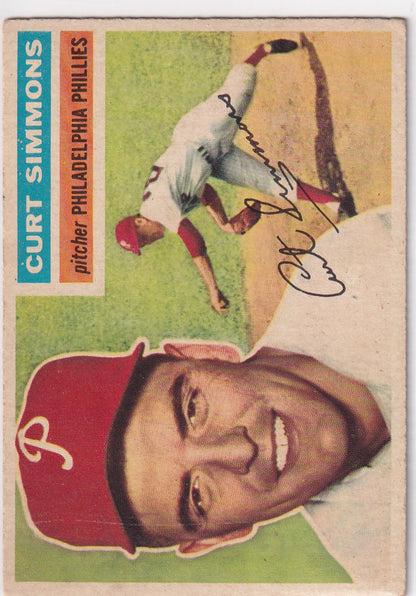 Vintage 1956 Topps Curt Simmons baseball card featuring Philadelphia Phillies player