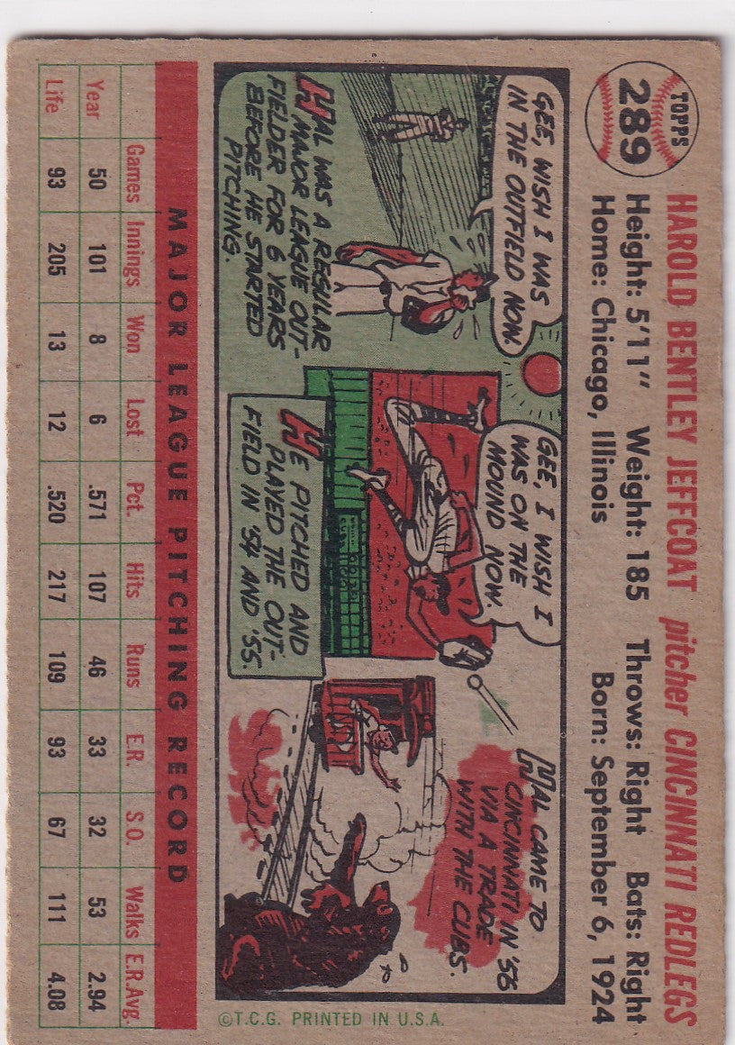 Vintage 1956 Topps Hal Jeffcoat baseball card showcasing Cincinnati Reds player stats