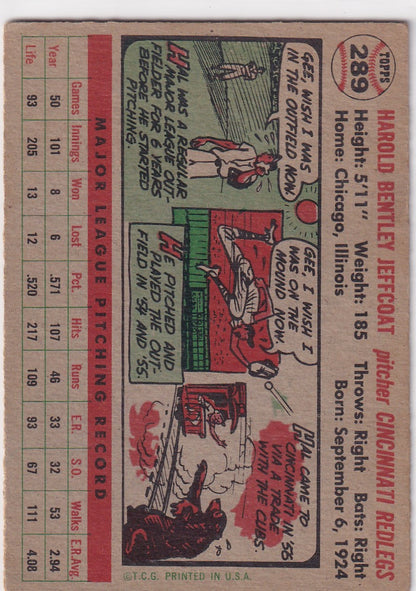 Vintage 1956 Topps Hal Jeffcoat baseball card showcasing Cincinnati Reds player stats