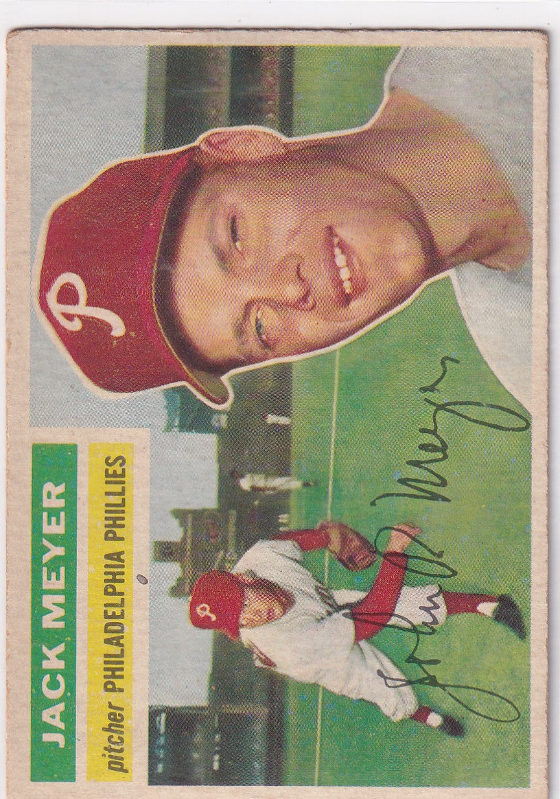 Vintage 1956 Topps Jack Meyer Philadelphia Phillies baseball card with red cap