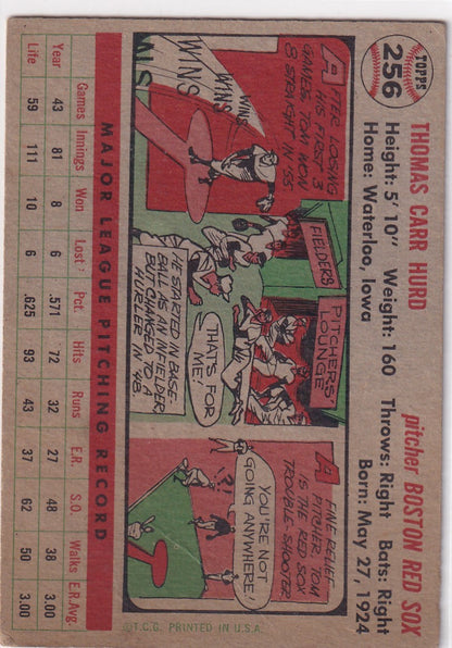 Vintage baseball trading card 1956 Topps #256 Tom Hurd Boston Red Sox comic style illustration