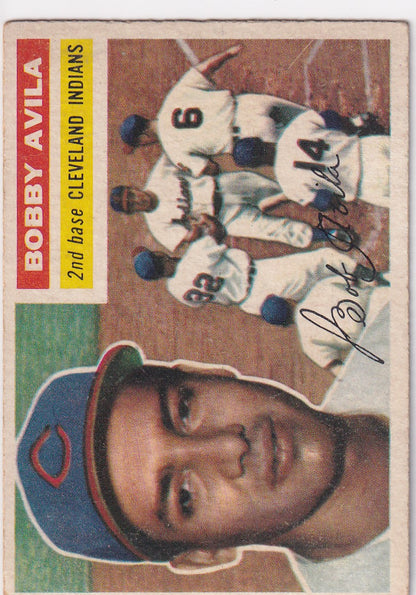 Vintage 1956 Topps Bobby Avila baseball card featuring Cleveland Indians player