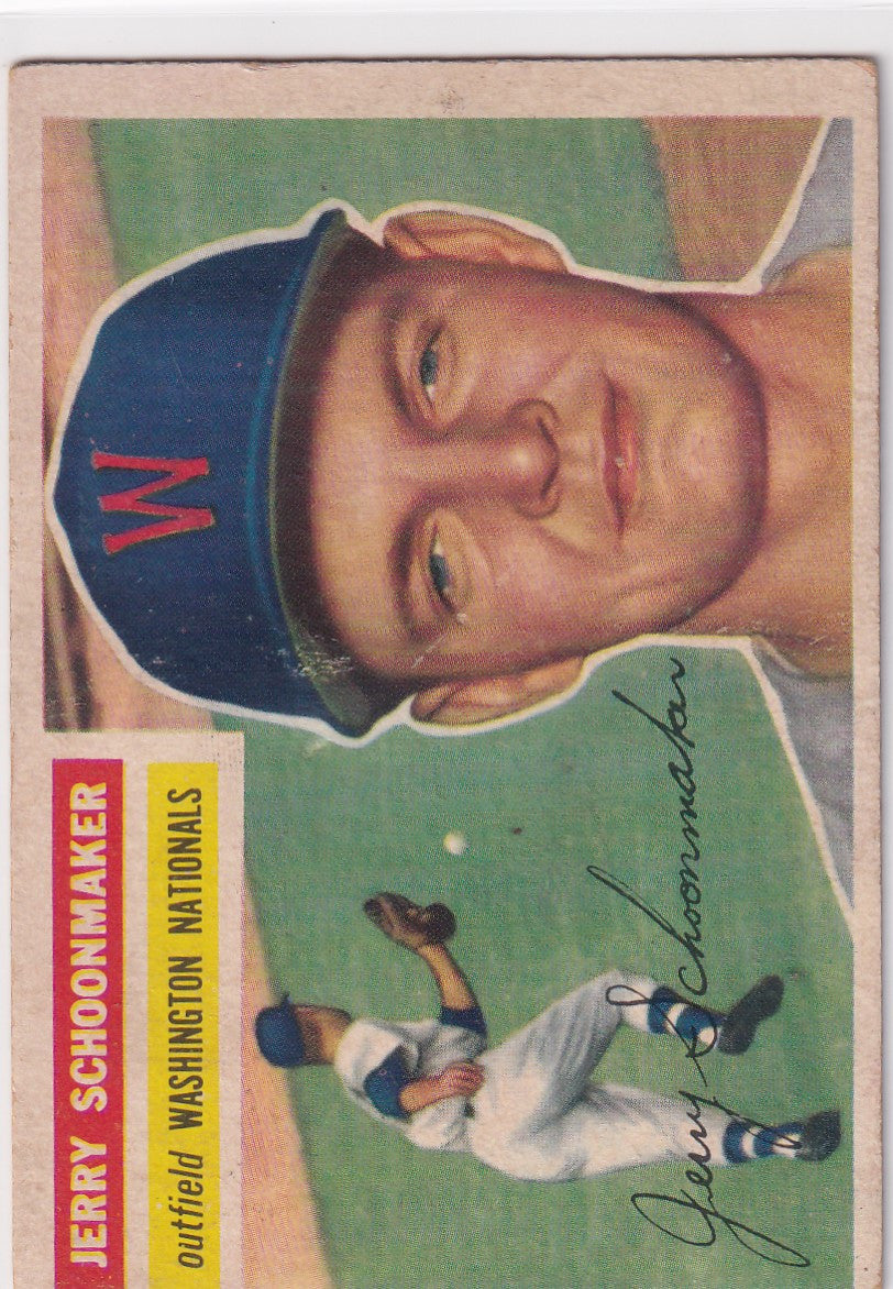 Vintage baseball card of Jerry Schoonmaker - Washington Senators RC in blue cap