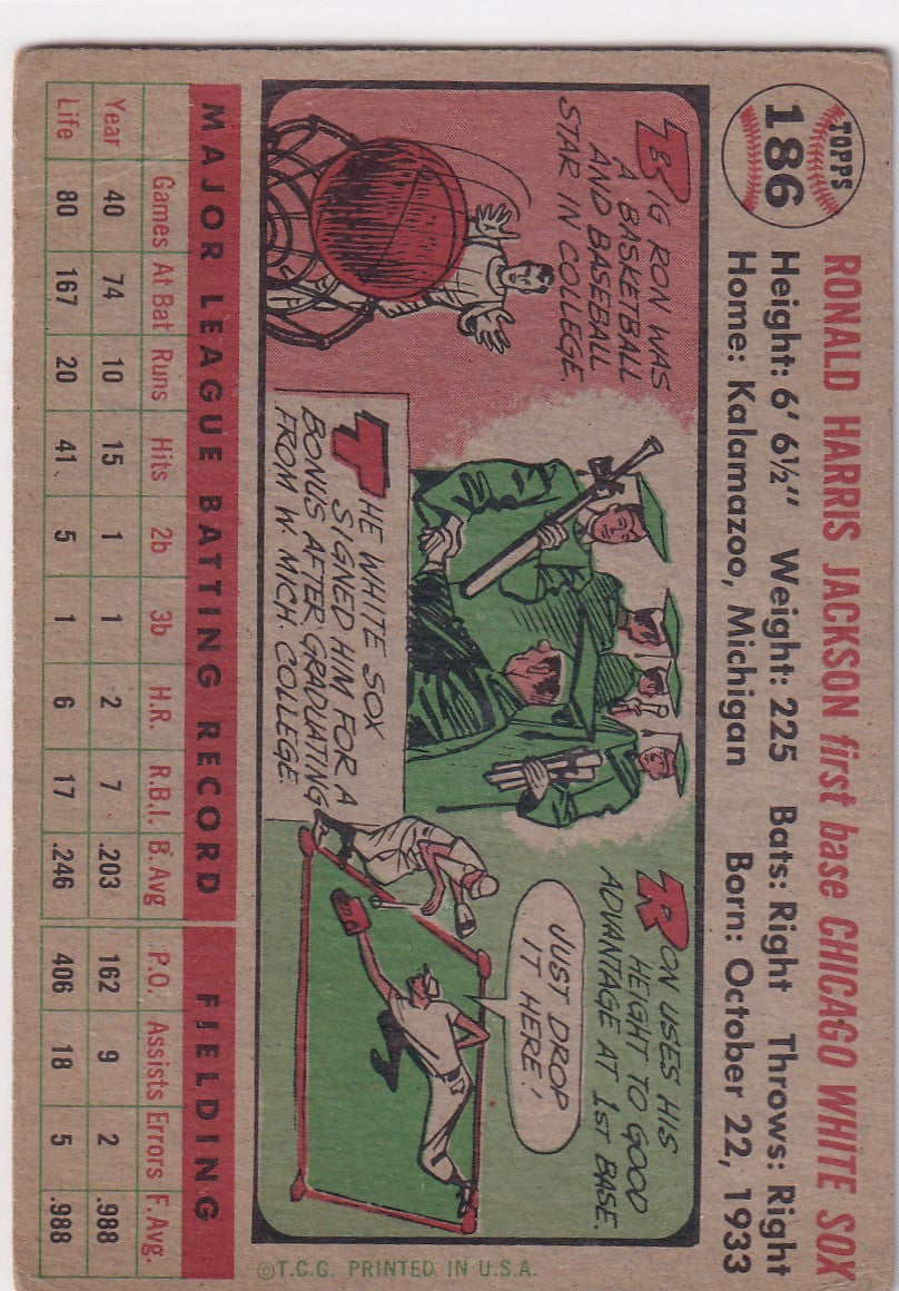 Vintage 1956 Topps Ron H. Jackson baseball card featuring Chicago White Sox statistics