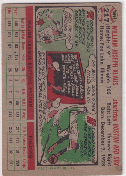 Vintage 1956 Topps Billy Klaus card featuring Boston Red Sox illustrations and stats