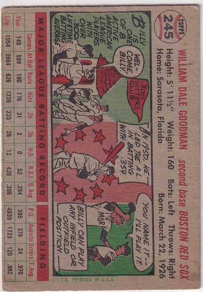 Vintage baseball trading card of Billy Goodman, Boston Red Sox with comic strip illustration