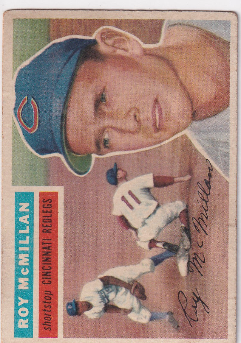 Vintage 1956 Topps baseball card of Roy McMillan showcasing Cincinnati Reds player action