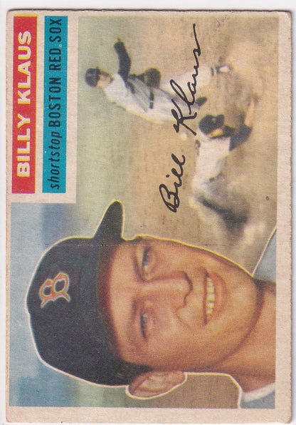 Vintage 1956 Topps Billy Klaus Boston Red Sox baseball card with dark cap logo