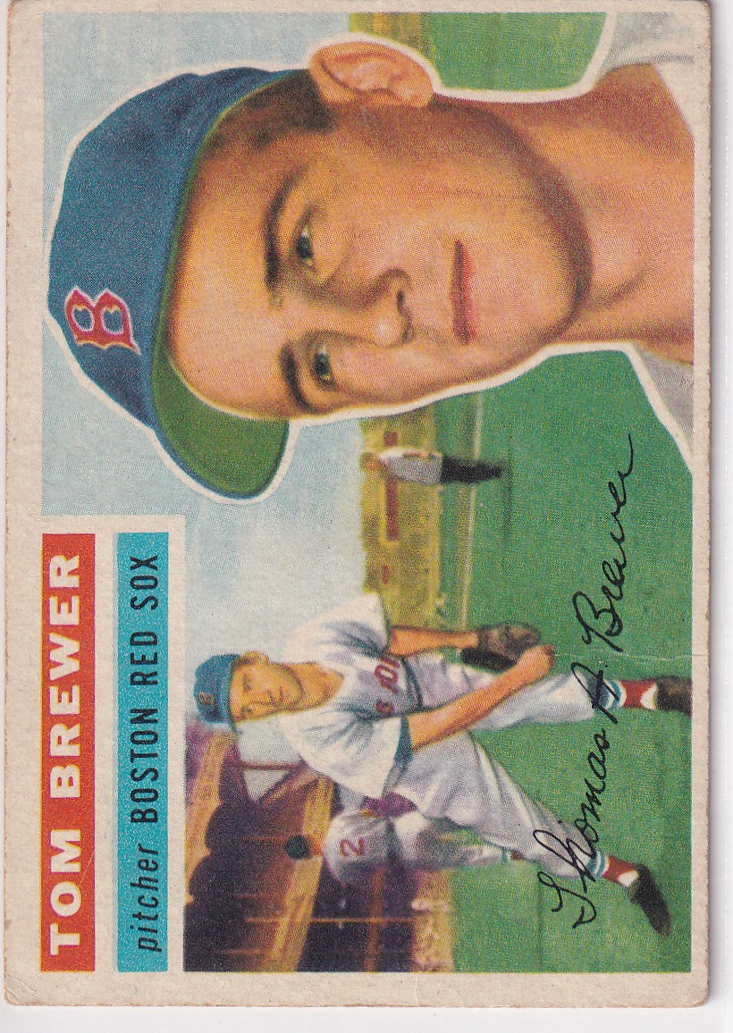 Vintage 1956 Topps baseball card of Tom Brewer from the Boston Red Sox