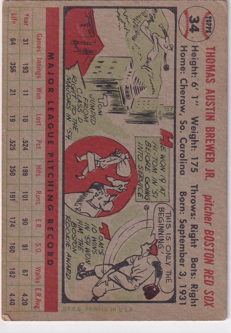 Vintage baseball card featuring Tom Brewer of the Boston Red Sox with cartoon illustrations