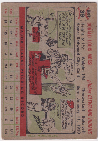 Vintage 1956 Topps Don Mossi card featuring comic-style art for Cleveland Indians collectors