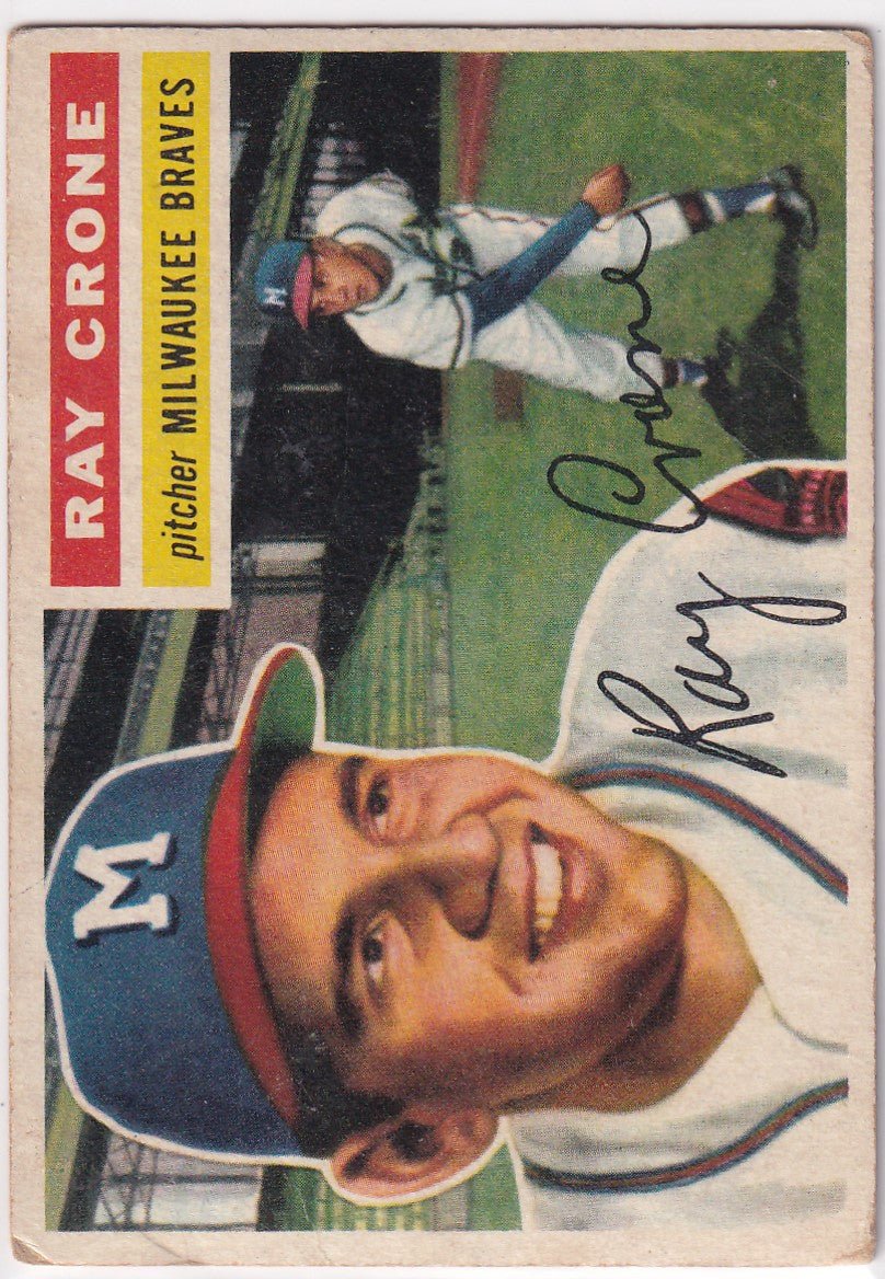 Vintage 1956 Topps baseball card of Ray Crone from the Milwaukee Braves with blue cap