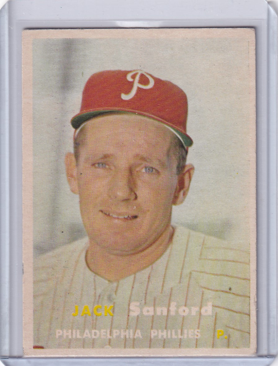 Vintage Topps Baseball card of Jack Sanford, Philadelphia Phillies player in red cap