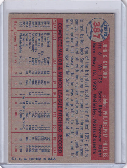 Vintage 1957 Topps Baseball card of Jack Sanford, Philadelphia Phillies player stats