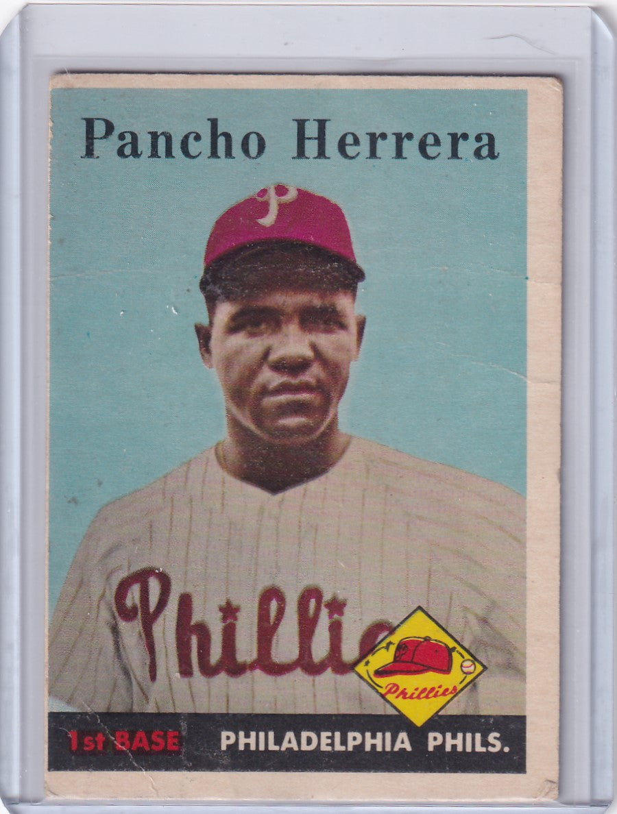 Vintage 1957 Topps Pancho Herrera Philadelphia Phillies baseball card in red pinstripes